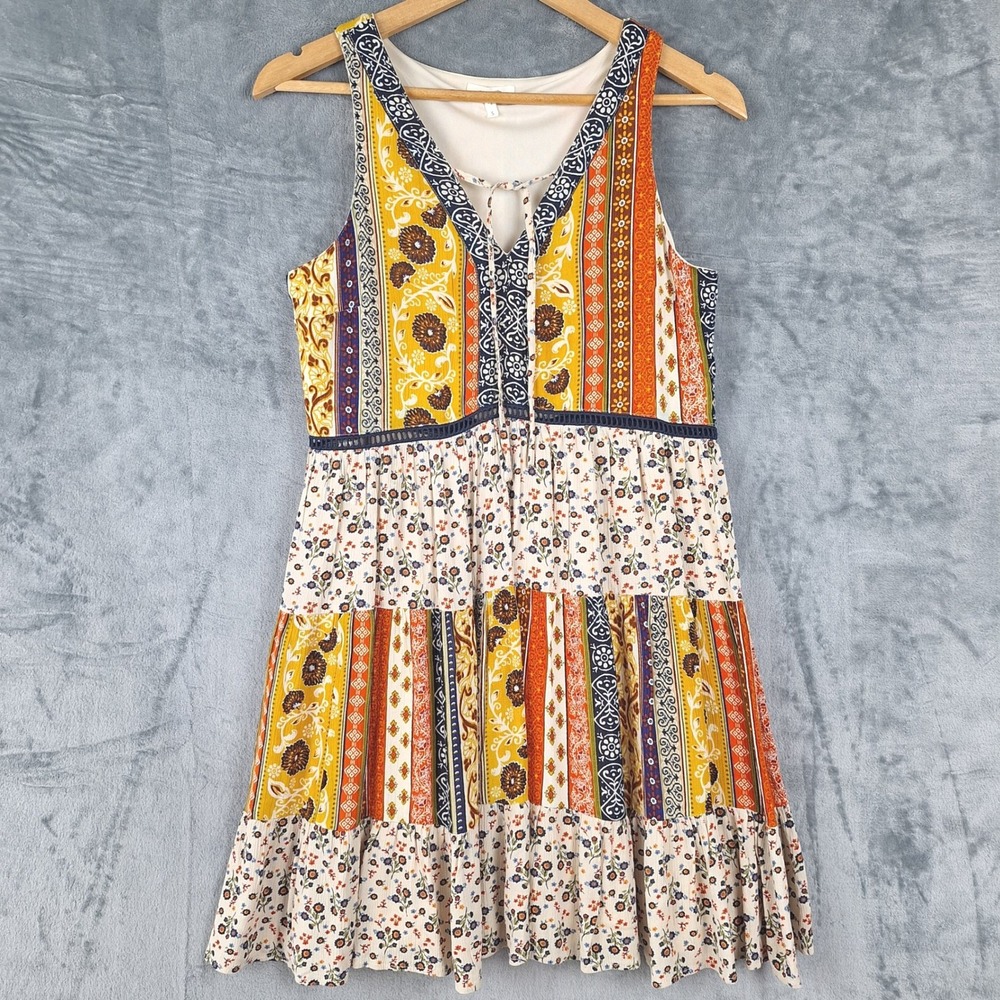 Womens Dress Small Boho Babydoll Floral Patchwork Hippie Peasant Mini Tiered‎